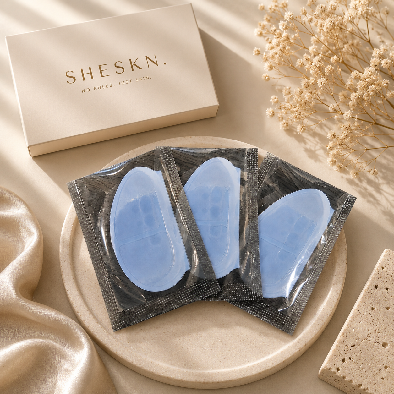 Three pairs of Sheskn Hydrogel Eye Patches for hydrating and soothing tired under eyes.